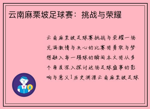 云南麻栗坡足球赛：挑战与荣耀