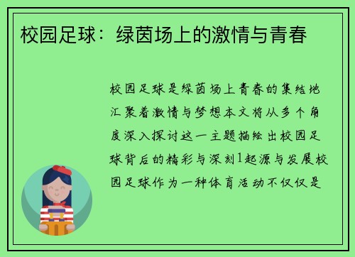 校园足球：绿茵场上的激情与青春