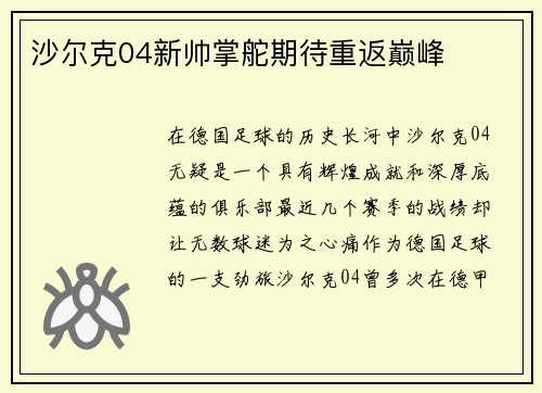 沙尔克04新帅掌舵期待重返巅峰