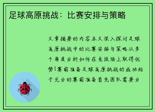 足球高原挑战：比赛安排与策略