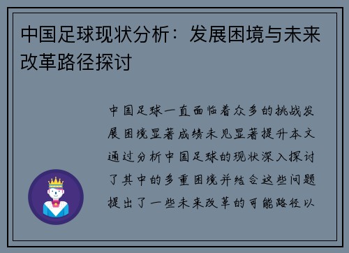 中国足球现状分析：发展困境与未来改革路径探讨