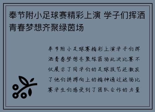 奉节附小足球赛精彩上演 学子们挥洒青春梦想齐聚绿茵场