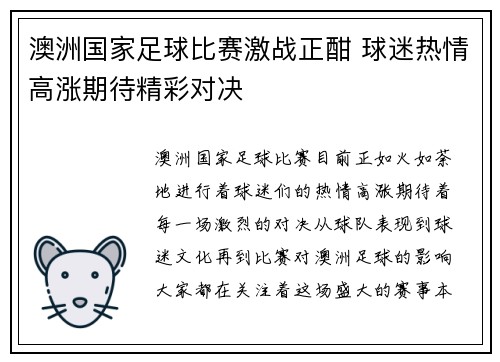 澳洲国家足球比赛激战正酣 球迷热情高涨期待精彩对决