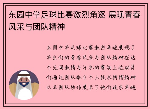 东园中学足球比赛激烈角逐 展现青春风采与团队精神
