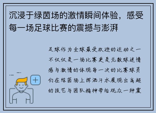 沉浸于绿茵场的激情瞬间体验，感受每一场足球比赛的震撼与澎湃
