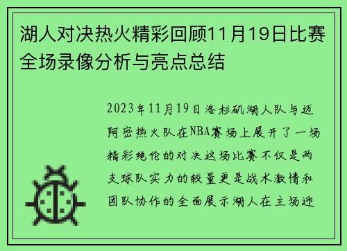 湖人对决热火精彩回顾11月19日比赛全场录像分析与亮点总结