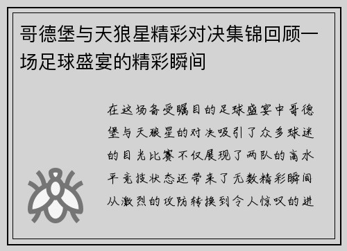 哥德堡与天狼星精彩对决集锦回顾一场足球盛宴的精彩瞬间