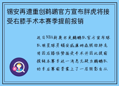 锡安再遭重创鹈鹕官方宣布胖虎将接受右膝手术本赛季提前报销