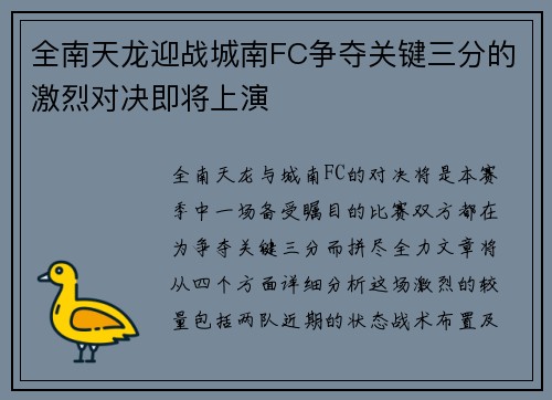 全南天龙迎战城南FC争夺关键三分的激烈对决即将上演