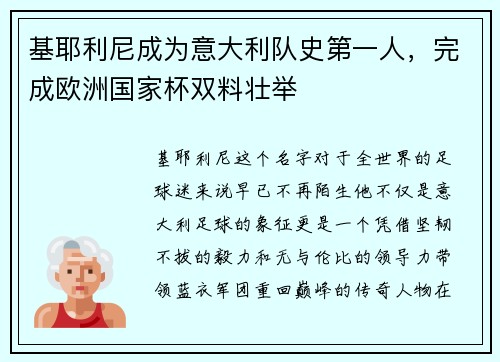 基耶利尼成为意大利队史第一人，完成欧洲国家杯双料壮举