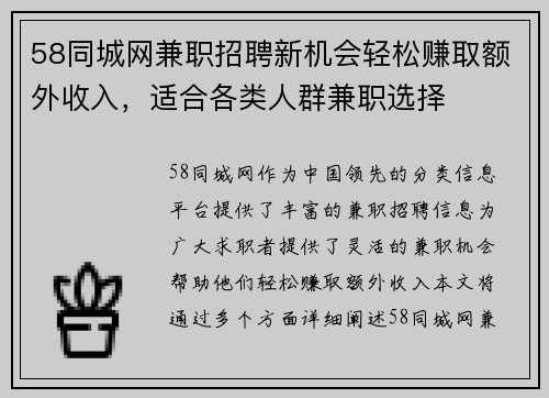 58同城网兼职招聘新机会轻松赚取额外收入，适合各类人群兼职选择