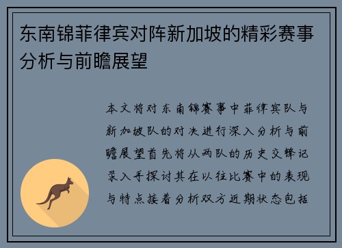 东南锦菲律宾对阵新加坡的精彩赛事分析与前瞻展望