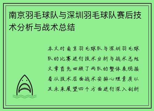 南京羽毛球队与深圳羽毛球队赛后技术分析与战术总结